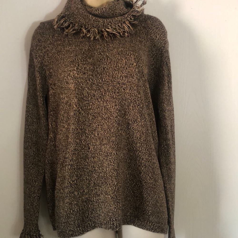 Woman’s Jeannie Pierre cotton Cozy Brown Sweater fringe  mock neck tunic